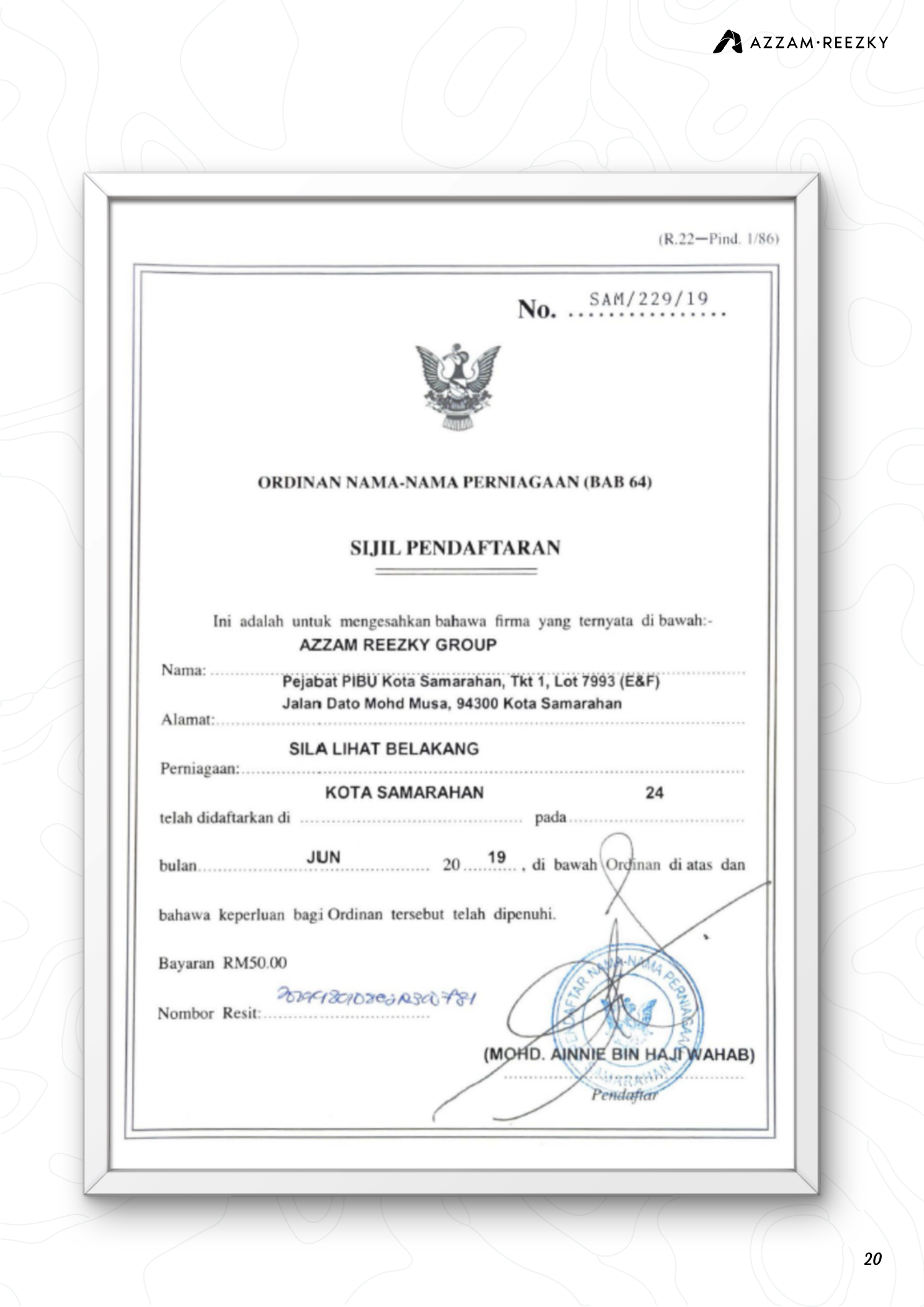 Azzam Reezky Group registration certificate